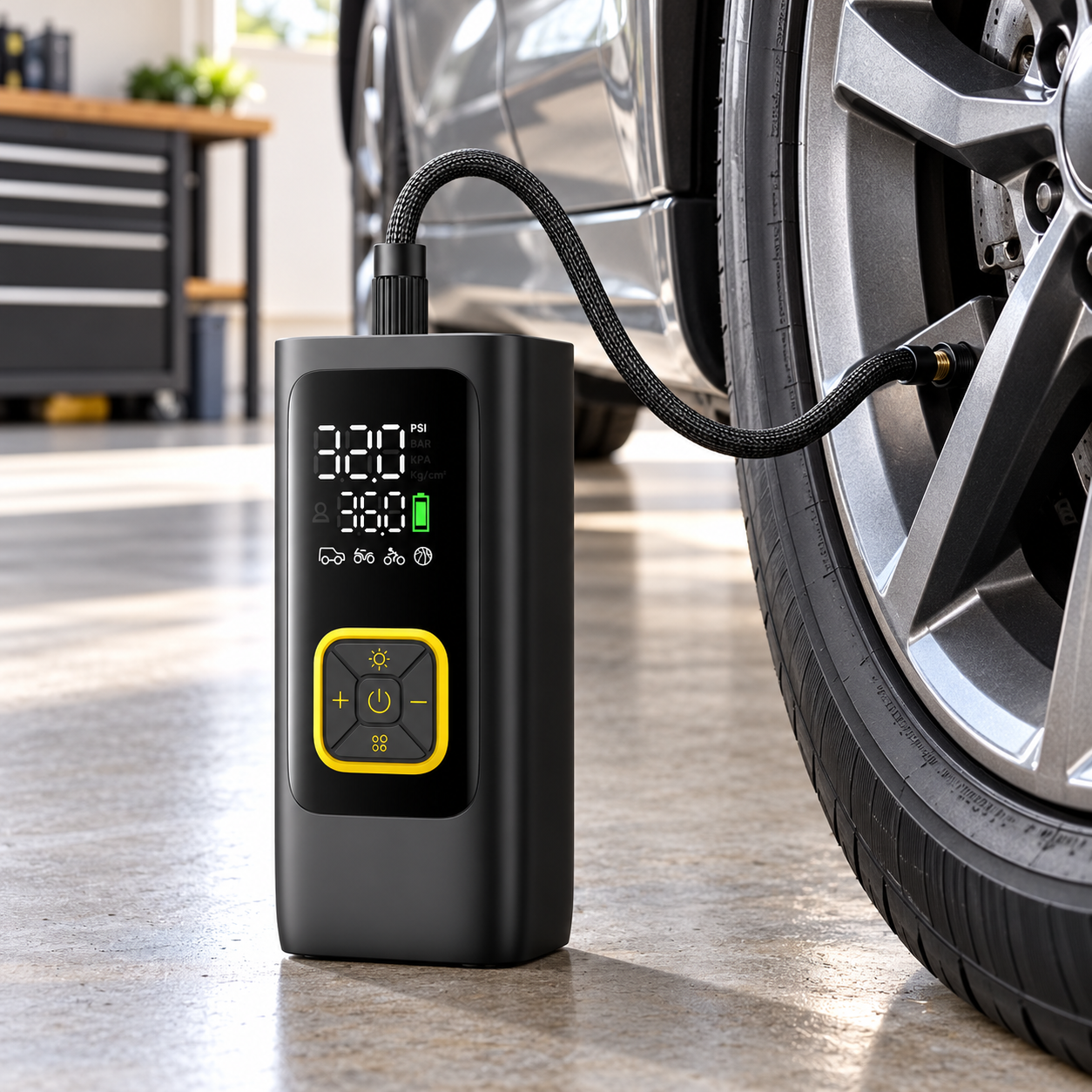 Illustration of the digital inflator beside a car tire in a garage