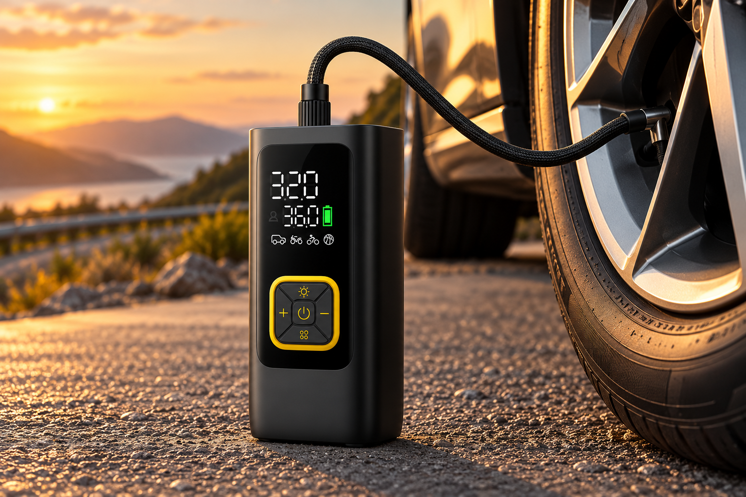 Illustration of a portable digital tire inflator next to a car tire