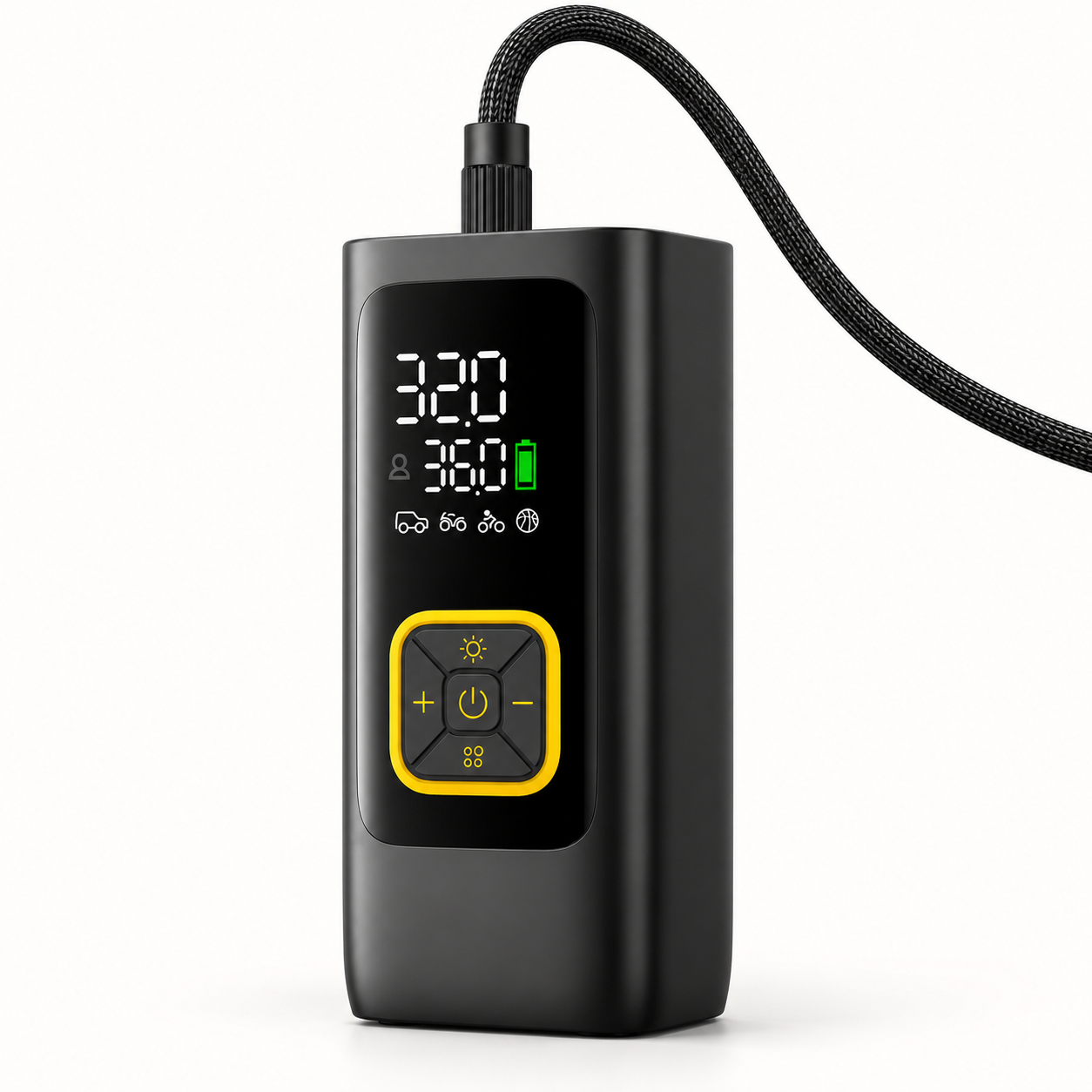 Illustration of the portable digital inflator with yellow outlined controls